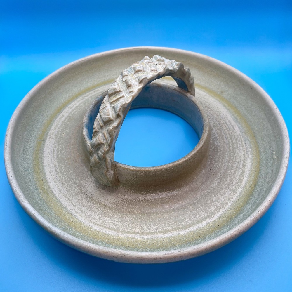 Vintage Artisan Signed Studio Ceramic Round Tray Braided Handle Green Earth Tone